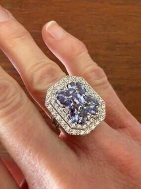 NEW Tanzanite & White Zircon Double Halo Sterling Silver Ring - 5